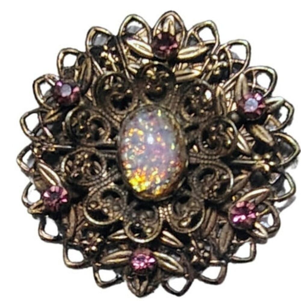 50s Mid Century Vintage  Pink Opalescent Connfetti Aurora Borealis Gold Brooch